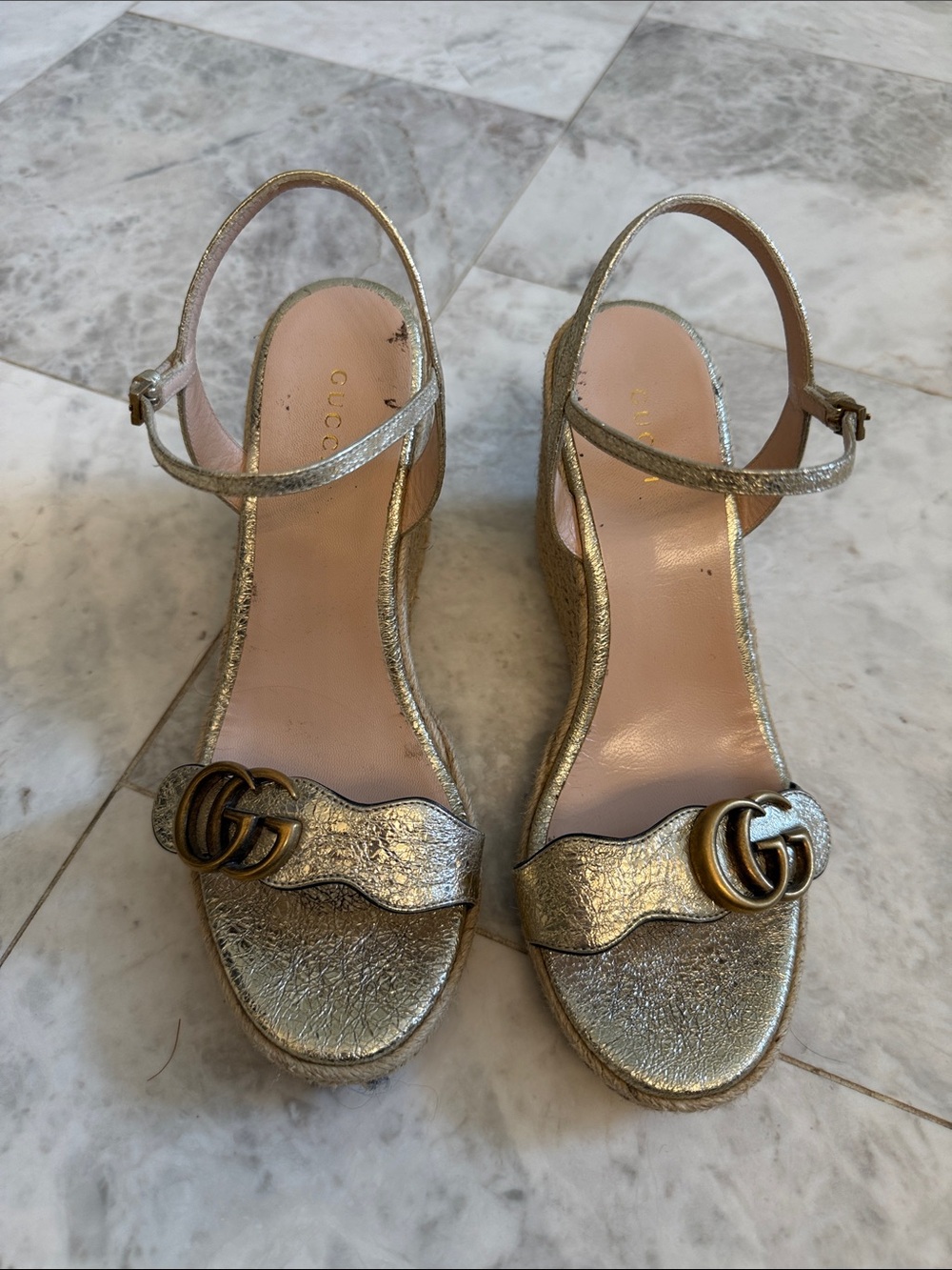 Gucci Metallic Gold Wedge Sandals with GG Logo SZ: 38